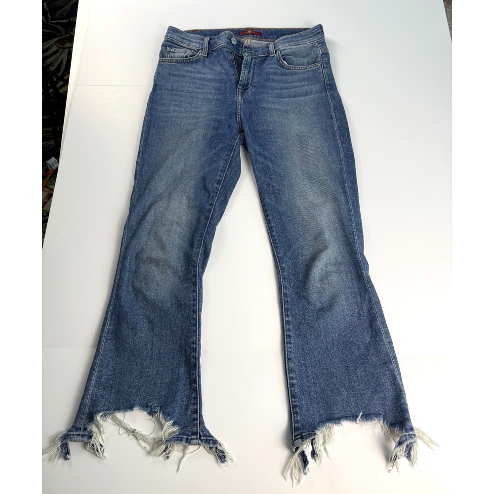 7 For All Mankind Bootcut Jeans Size 28 Medium Wash Frayed Hem Flare Cropped